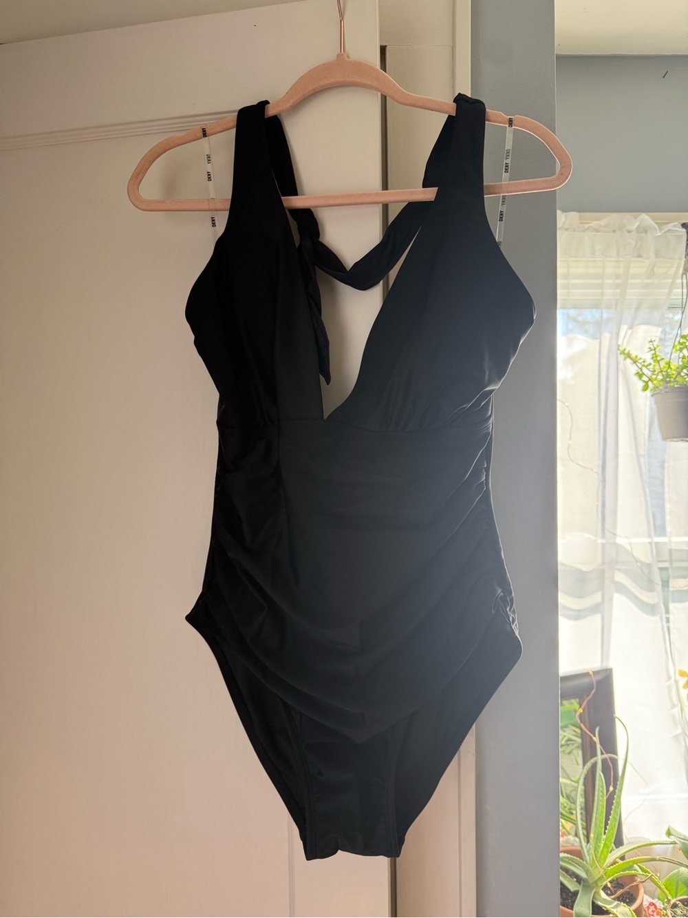 DKNY Black Ruched One-Piece Swimsuit with V-Neck
